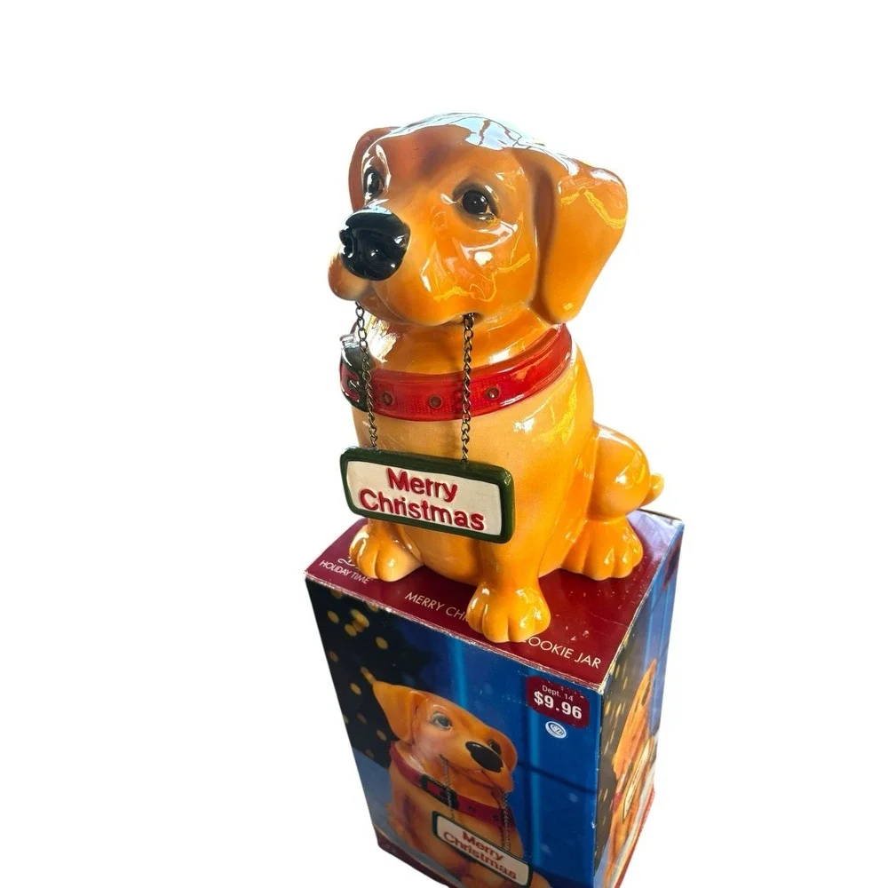 VTG  Yellow Lab Cookie Jar Dog With‎ Hanging Merry Christmas/Welcome Sign